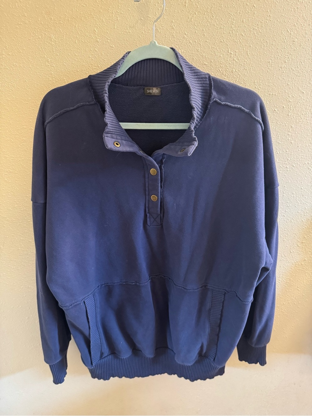 Shewin Navy Ribbed Collar Pullover